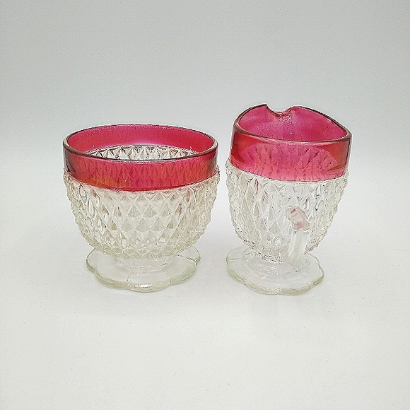 Indiana Glass Ruby Flash Diamond Point Pressed Glass Creamer Sugar Bowl Vintage - Picture 4 of 13